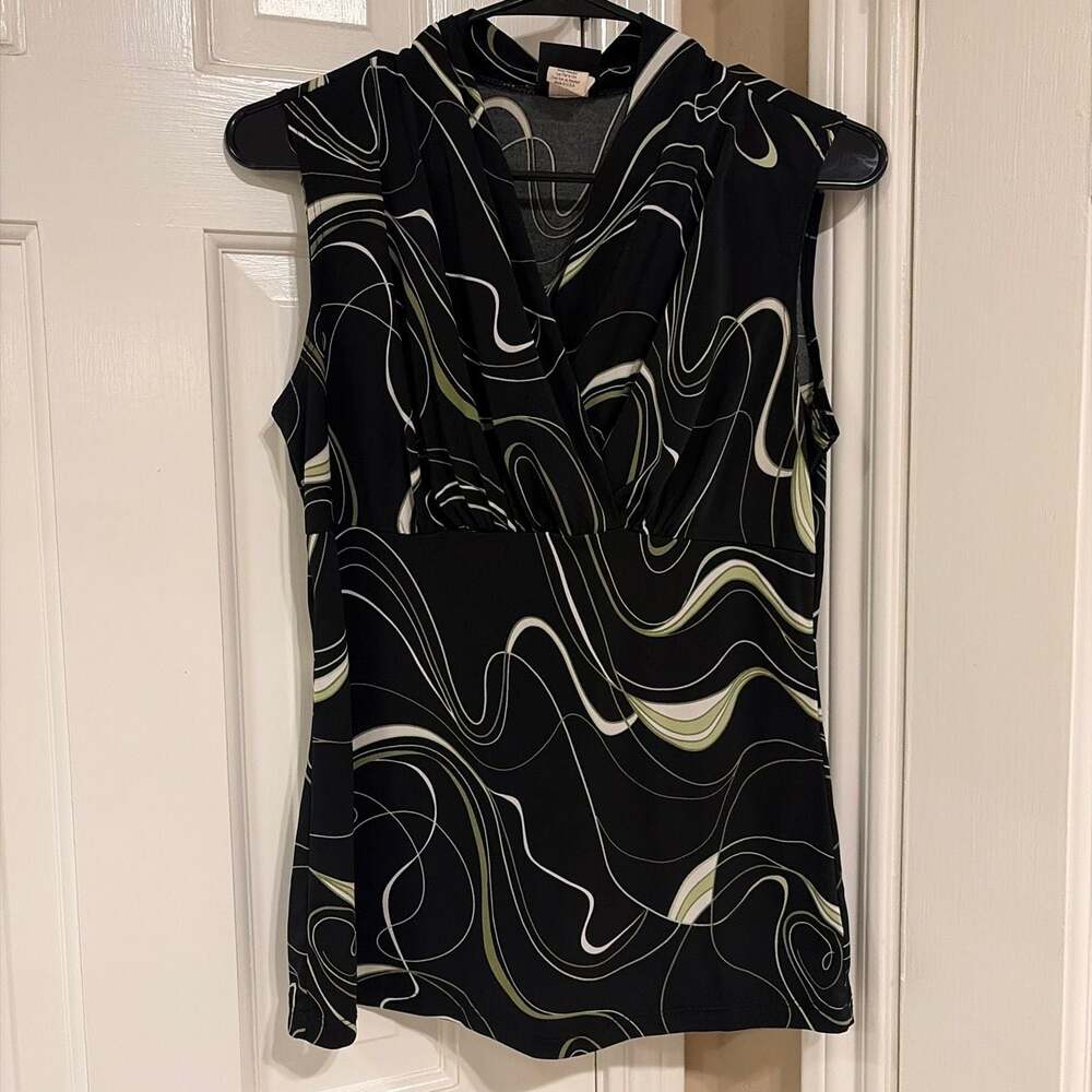 JKLA California Abstract Print Sleeveless Faux Wrap Top